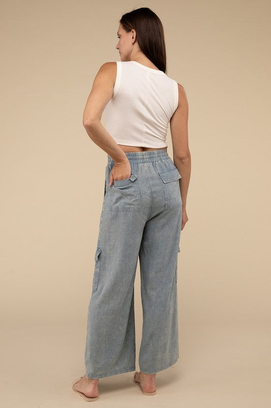 ZENANA Washed Linen Cargo Pants