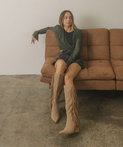 OUT WEST Suede Knee-High Fringed Boots