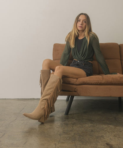 OUT WEST Suede Knee-High Fringed Boots