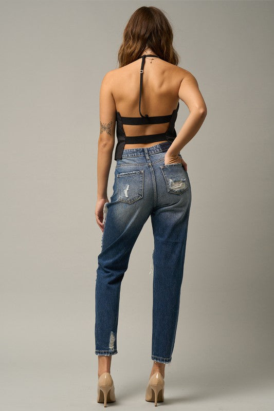 High Waist Straight Destroyed Jeans