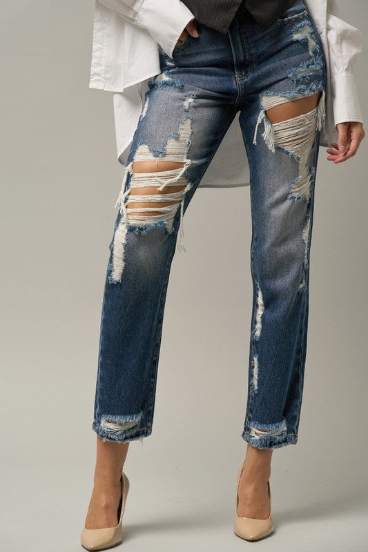 High Waist Straight Destroyed Jeans