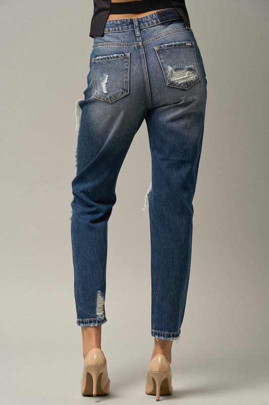 High Waist Straight Destroyed Jeans