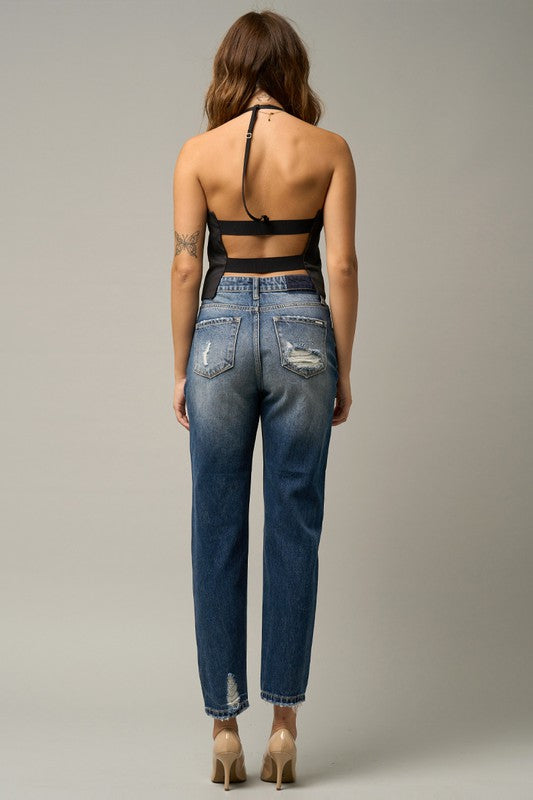 High Waist Straight Destroyed Jeans