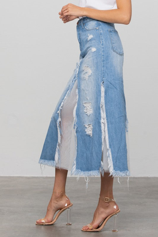 Denim Mesh Combo Skirt