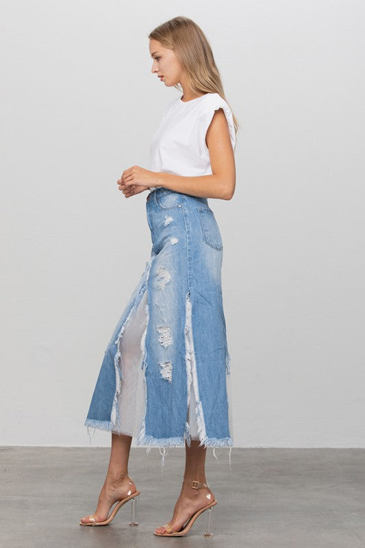 Denim Mesh Combo Skirt