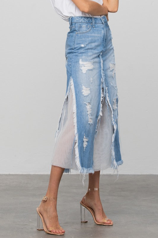 Denim Mesh Combo Skirt