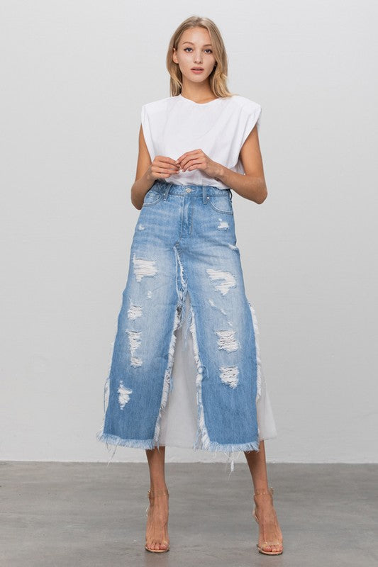 Denim Mesh Combo Skirt