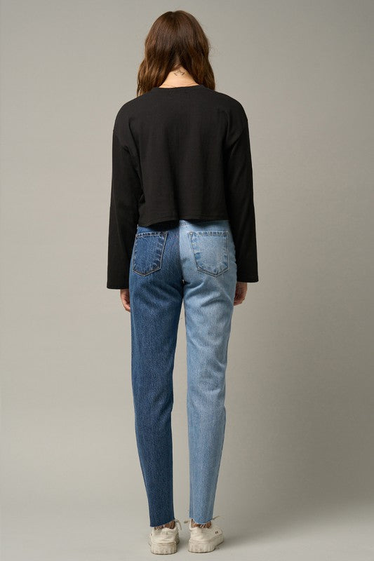 High Rise Two Tone Straight Jeans