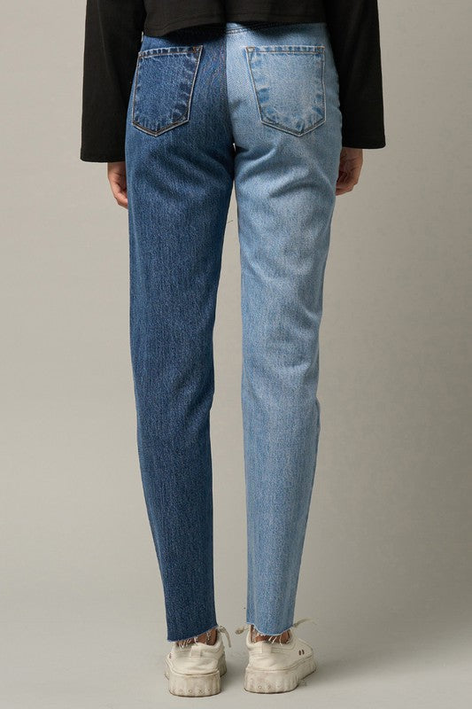 High Rise Two Tone Straight Jeans