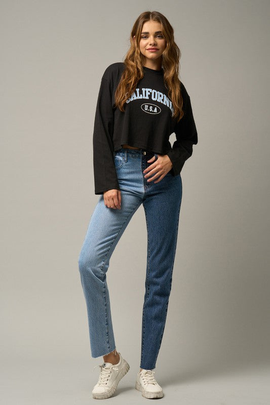 High Rise Two Tone Straight Jeans