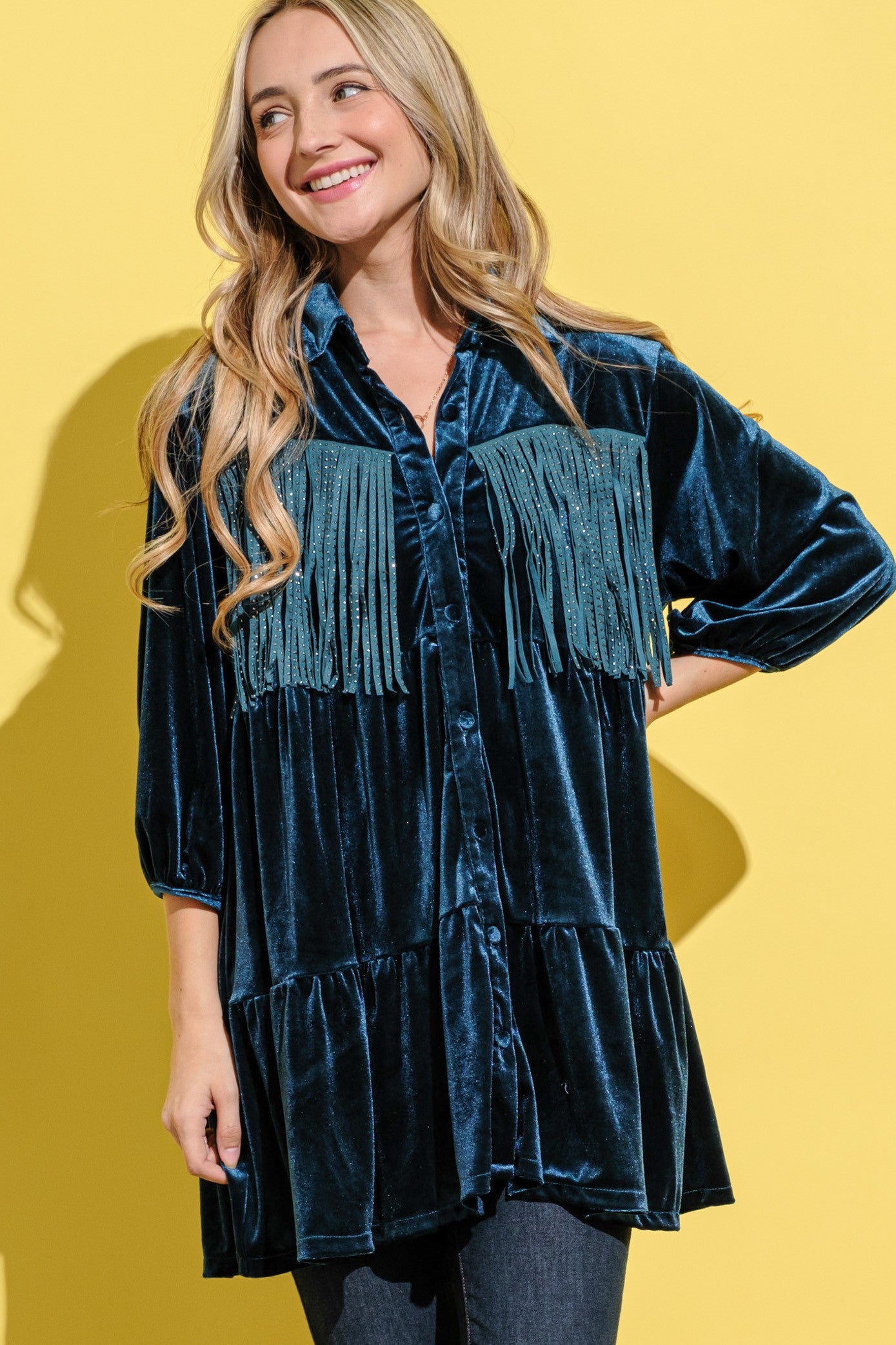 And The Why Fringe Detailed Velvet Shirt Dress