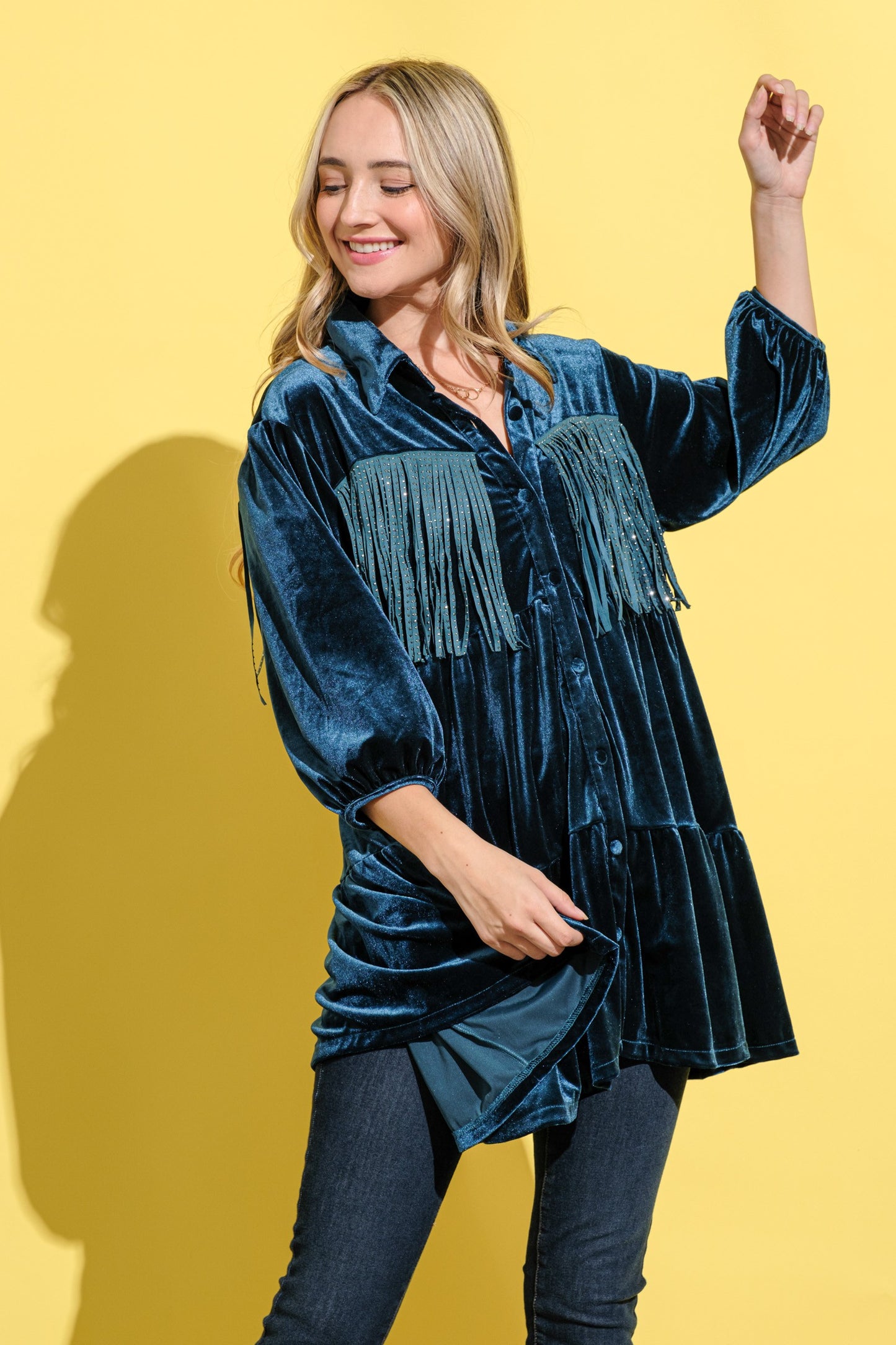 And The Why Fringe Detailed Velvet Shirt Dress