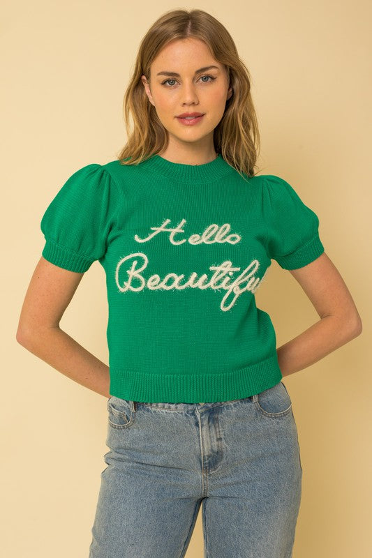 Gilli Hello Beautiful Short Sleeve Sweater