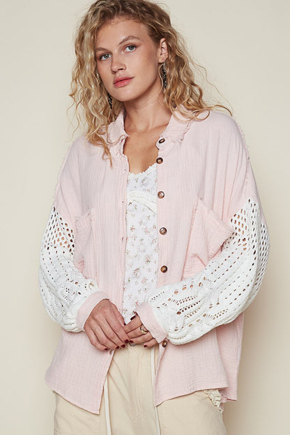 POL - Openwork Lantern Sleeve Button Down Gauze Shirt