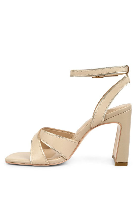 HEERI Metallic Lined Slim Block Heel Sandals