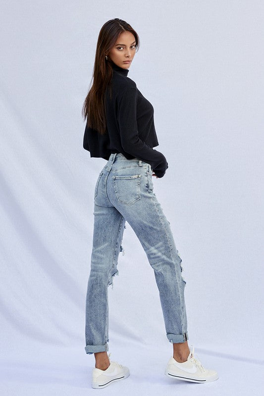 Stretched High Rise Girlfriend Jeans