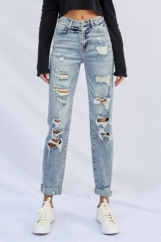 Stretched High Rise Girlfriend Jeans