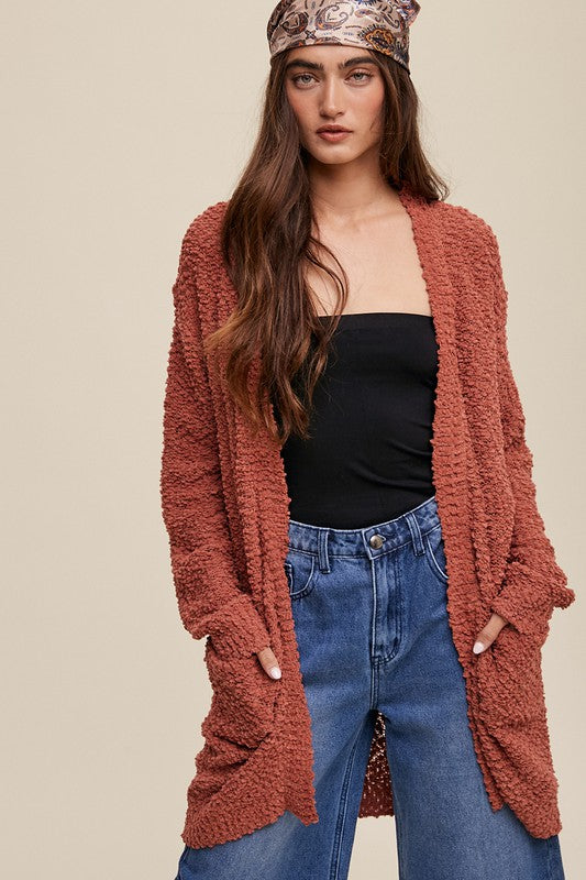 Listicle Popcorn Open Knit Cardigan Sweater