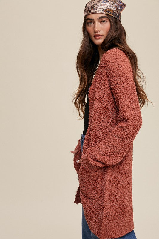 Listicle Popcorn Open Knit Cardigan Sweater