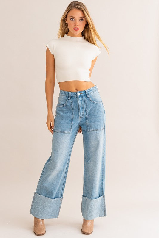 LE LIS High-Waisted Wide Leg Cuffed Jeans