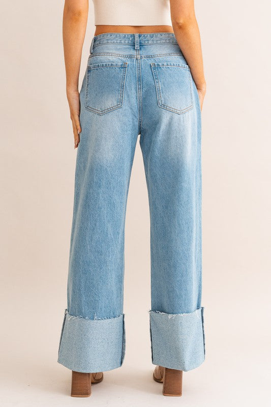 LE LIS High-Waisted Wide Leg Cuffed Jeans