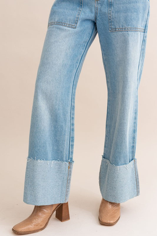 LE LIS High-Waisted Wide Leg Cuffed Jeans