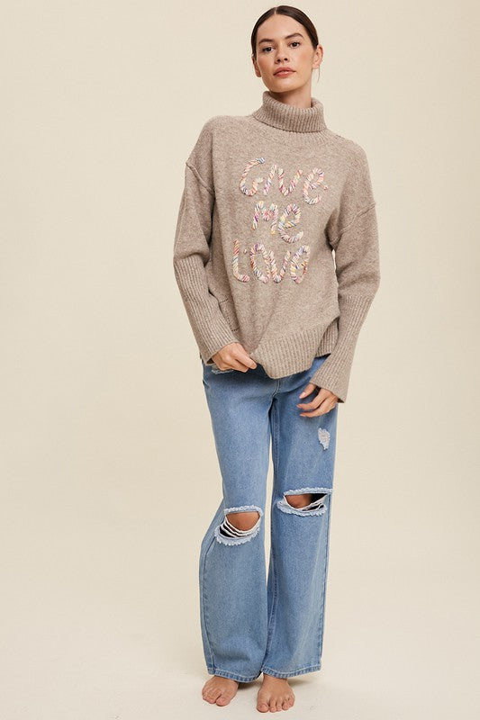 Listicle GIVE ME LOVE Stitched Mock Neck Sweater