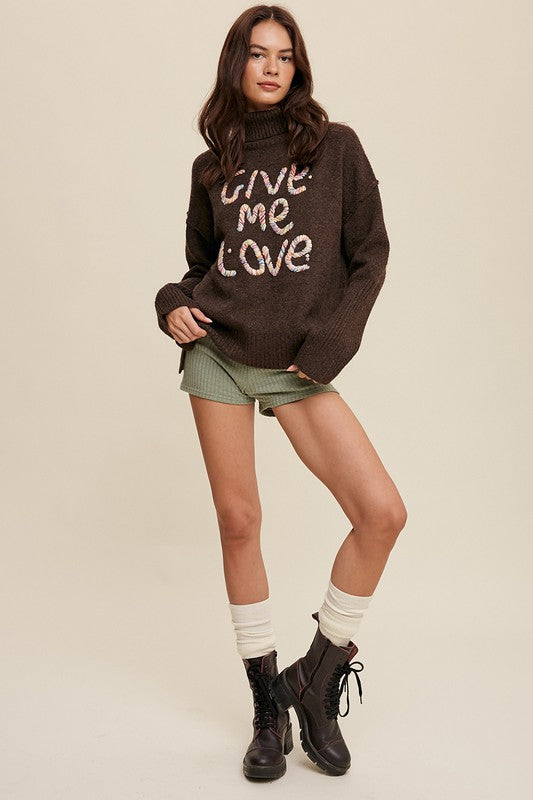 Listicle GIVE ME LOVE Stitched Mock Neck Sweater