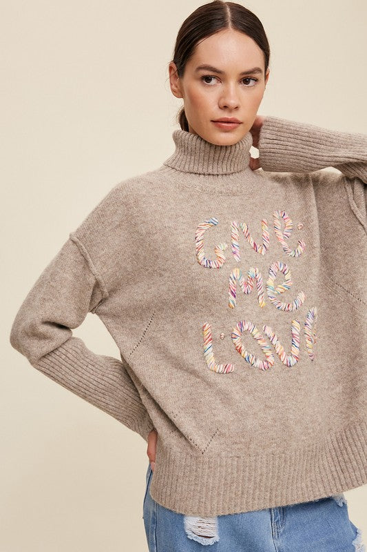 Listicle GIVE ME LOVE Stitched Mock Neck Sweater