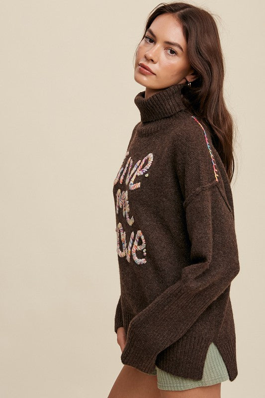 Listicle GIVE ME LOVE Stitched Mock Neck Sweater