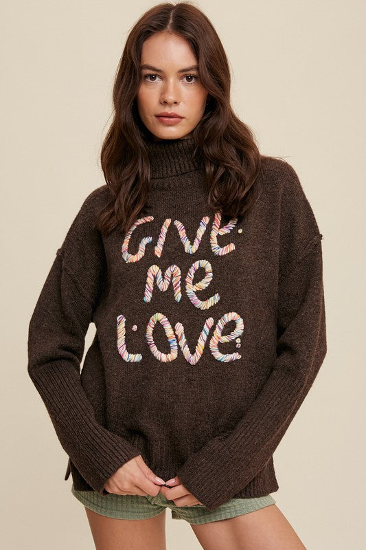 Listicle GIVE ME LOVE Stitched Mock Neck Sweater