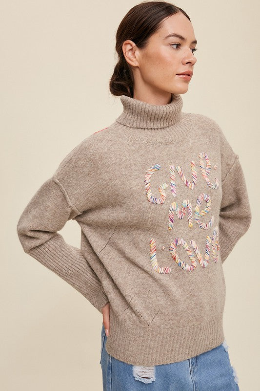 Listicle GIVE ME LOVE Stitched Mock Neck Sweater