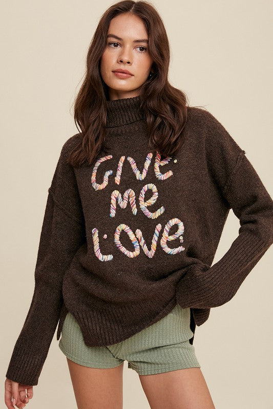 Listicle GIVE ME LOVE Stitched Mock Neck Sweater