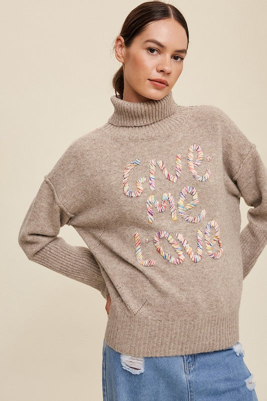 Listicle GIVE ME LOVE Stitched Mock Neck Sweater