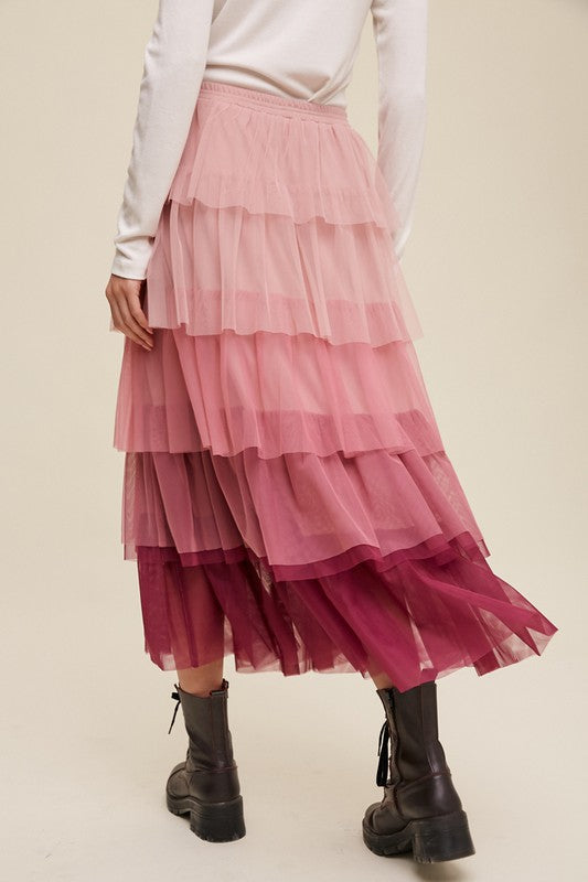 Listicle Gradient Style Tiered Mesh Maxi Skirt