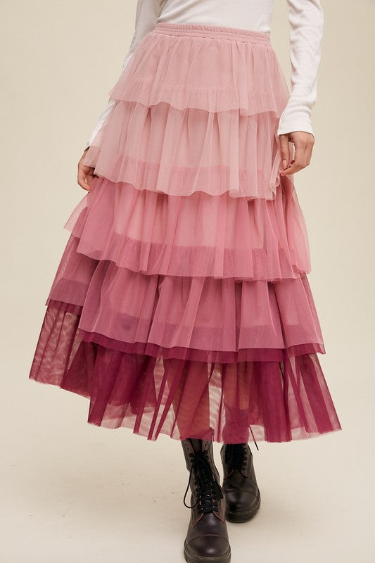 Listicle Gradient Style Tiered Mesh Maxi Skirt