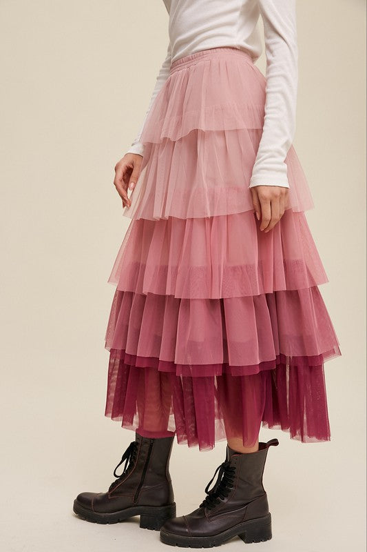 Listicle Gradient Style Tiered Mesh Maxi Skirt