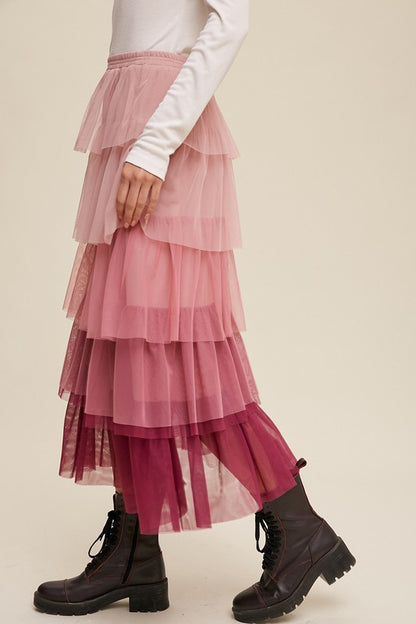 Listicle Gradient Style Tiered Mesh Maxi Skirt