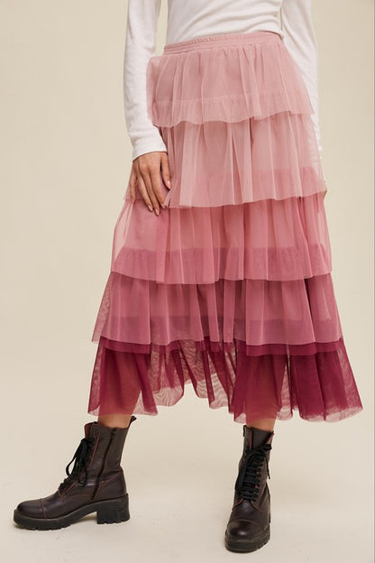 Listicle Gradient Style Tiered Mesh Maxi Skirt