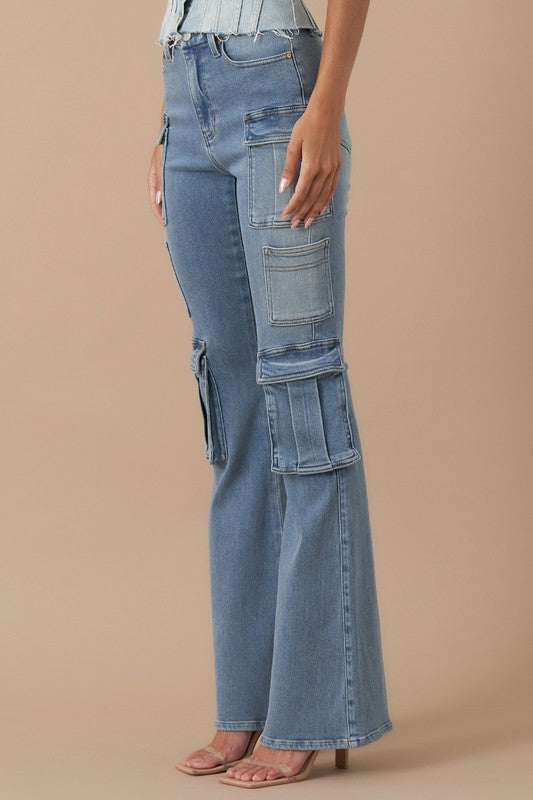 High-Rise Cargo Boot Cut Jeans