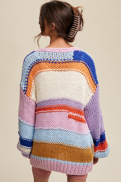 Listicle Hand Knit Multi Striped Cardigan