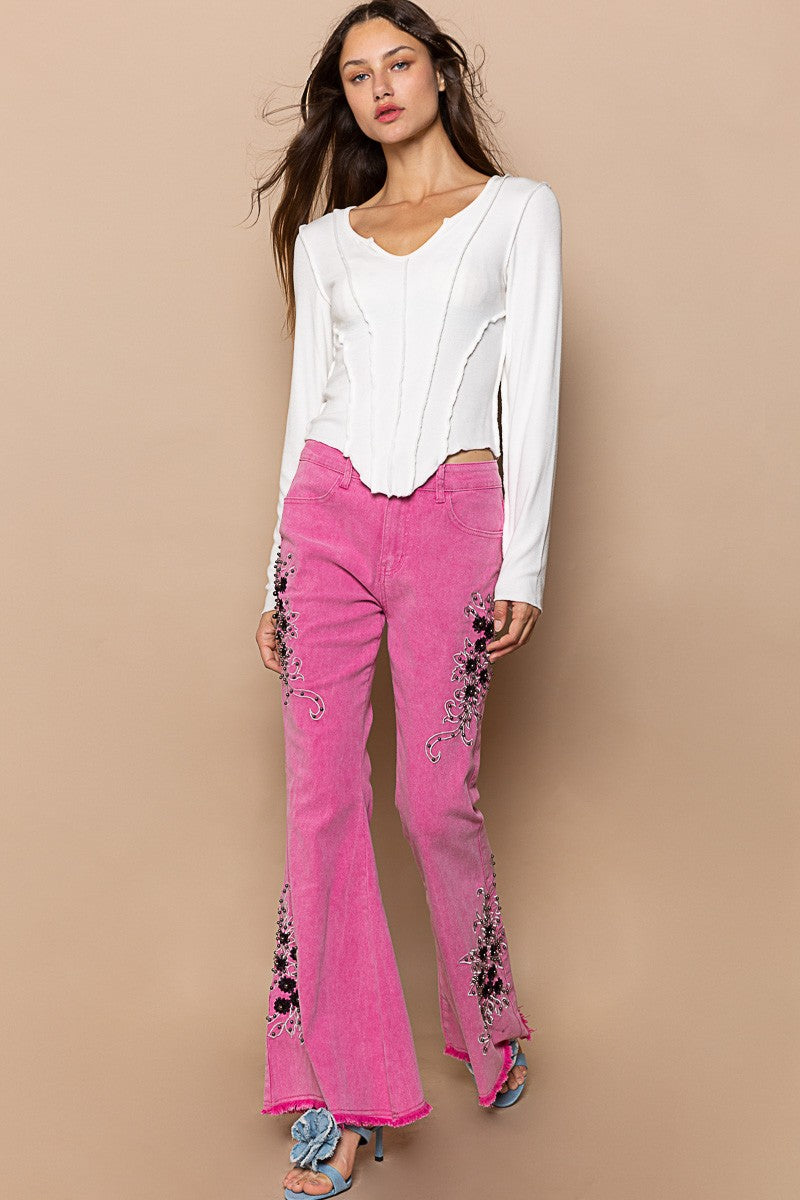 POL - Raw Hem Embroidered Flare Pants