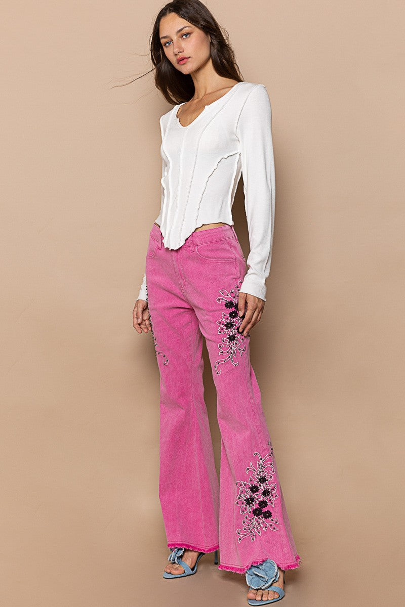 POL - Raw Hem Embroidered Flare Pants