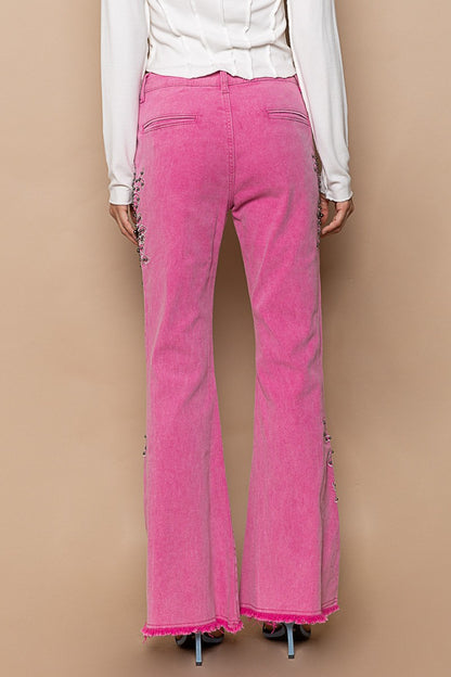 POL - Raw Hem Embroidered Flare Pants