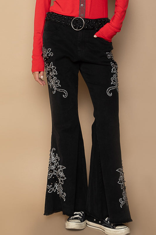 POL - Raw Hem Embroidered Flare Pants