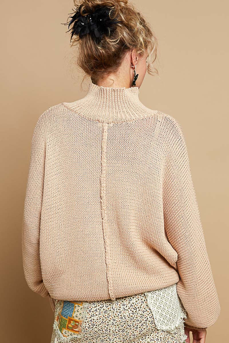 POL Dolman Sleeve Mock Neck Pearl Button Sweater