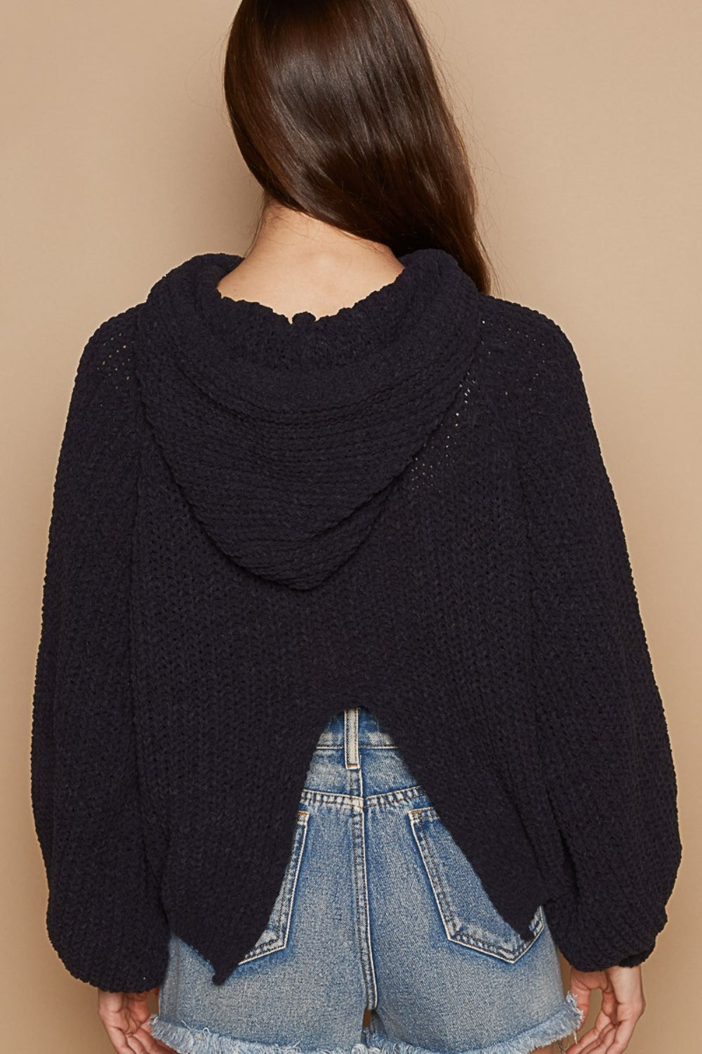 POL Back Open Slit Balloon Sleeve Hooded Sweater