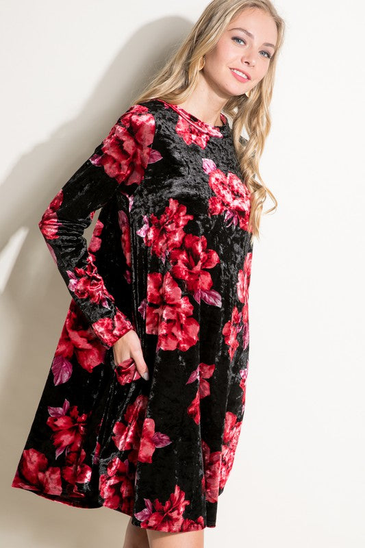 e Luna Floral Print Velvet Swing Dress