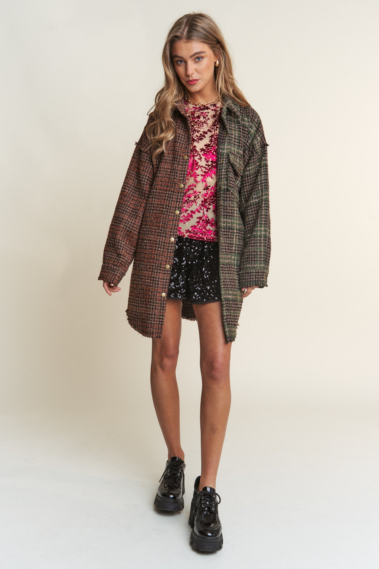 J.NNA Snap Down Tweed Plaid Contrast Longline Shacket