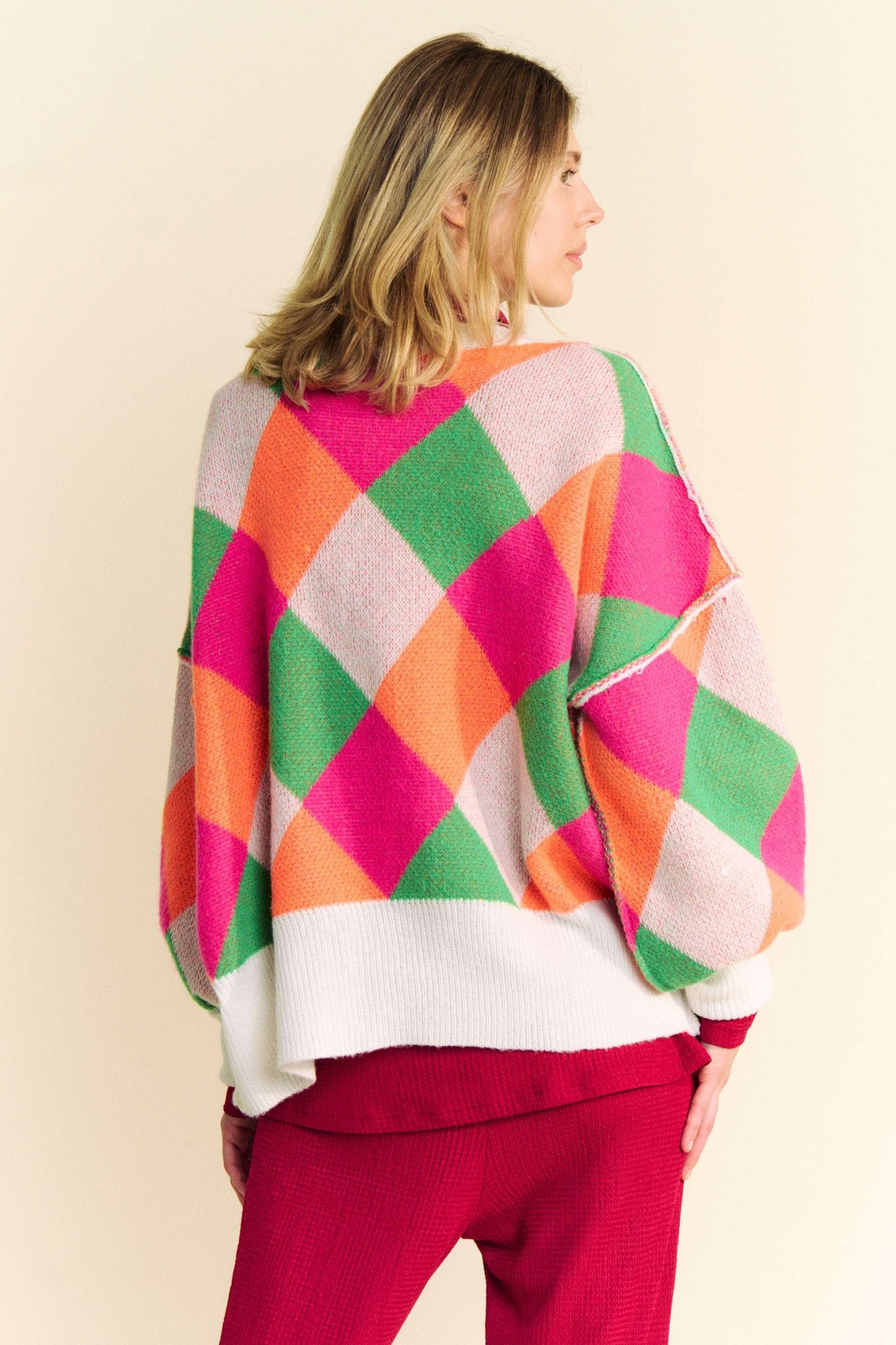 Davi & Dani - Exposed Seam Color Block Dropped Shoulder Sweater